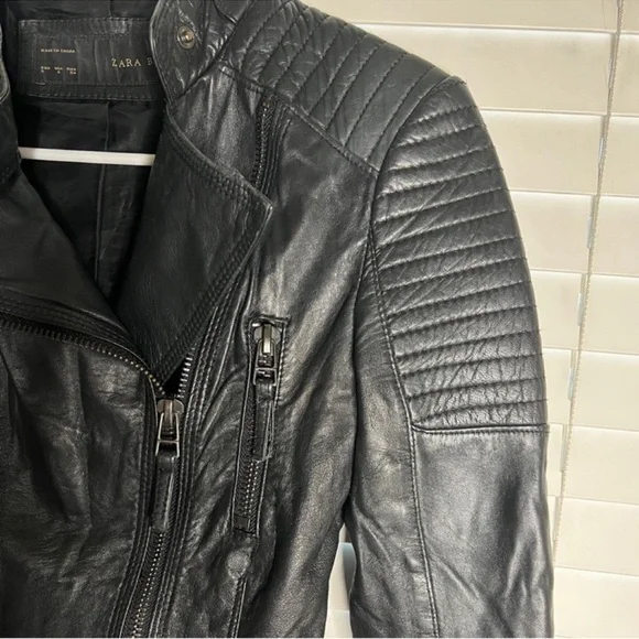 Zara Black Leather Moto Jacket with Quilted Sleeves - Picture 2 of 5